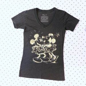 Mickey and Minnie Gold Foil Kiss Black Striped Tee